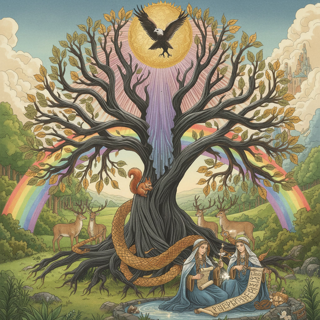 Yggdrasil — The World Tree. Eagle above, squirrel on the trunk, serpent coiling at the base, Norns reading the scroll of fate, stags in the meadow, Bifröst spanning the sky.